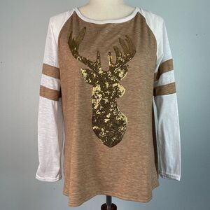 Sequined Gold Reindeer Long Sleeve Top Size L EUC